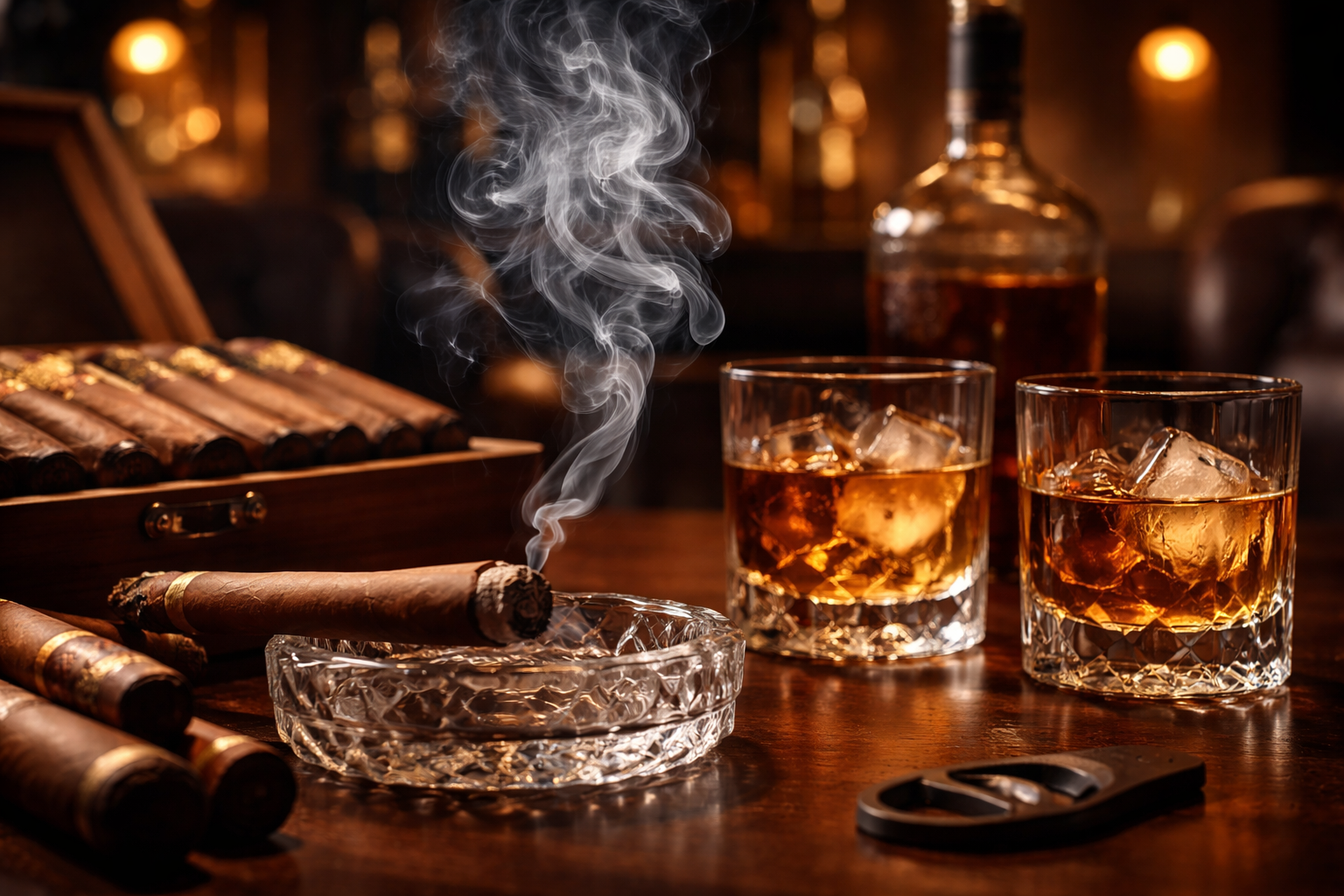 Cigars and whiskey by candlelight